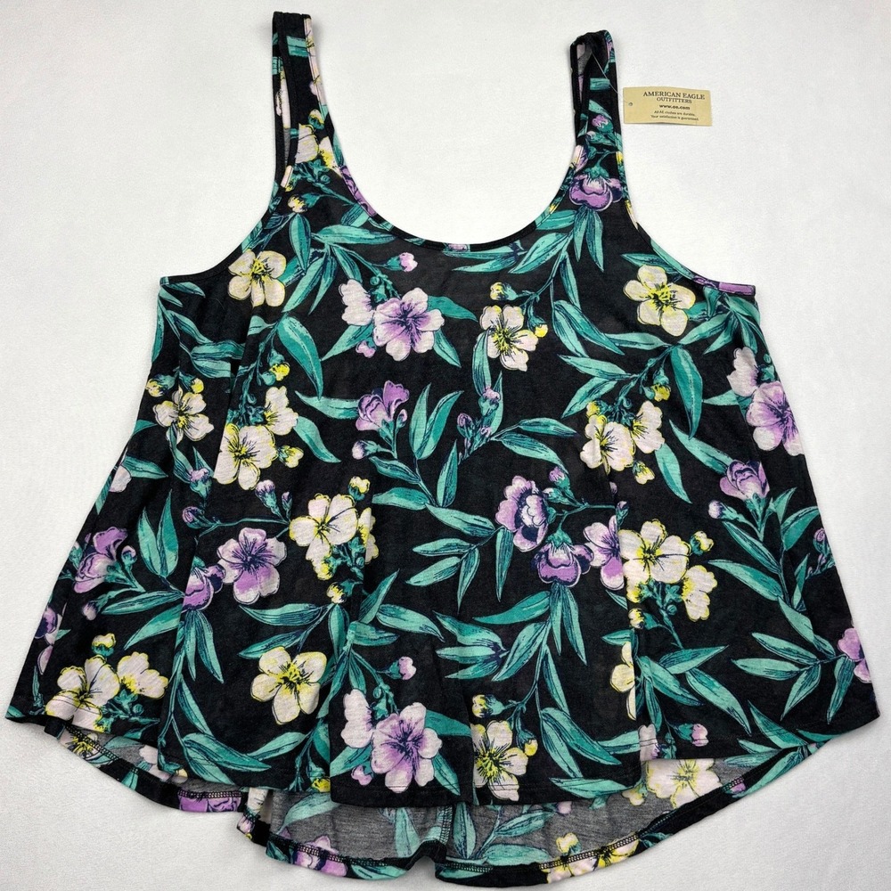 NWT American Eagle Tank Top Womens Medium Black Floral Aloha Babydoll Swing M